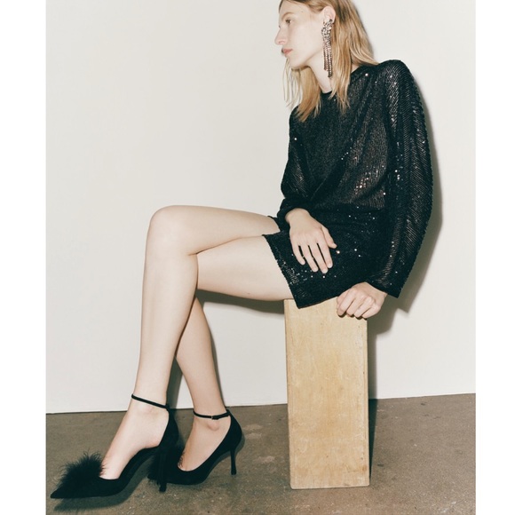 Zara FEATHER TRIM LEATHER HEELS - Picture 3 of 8